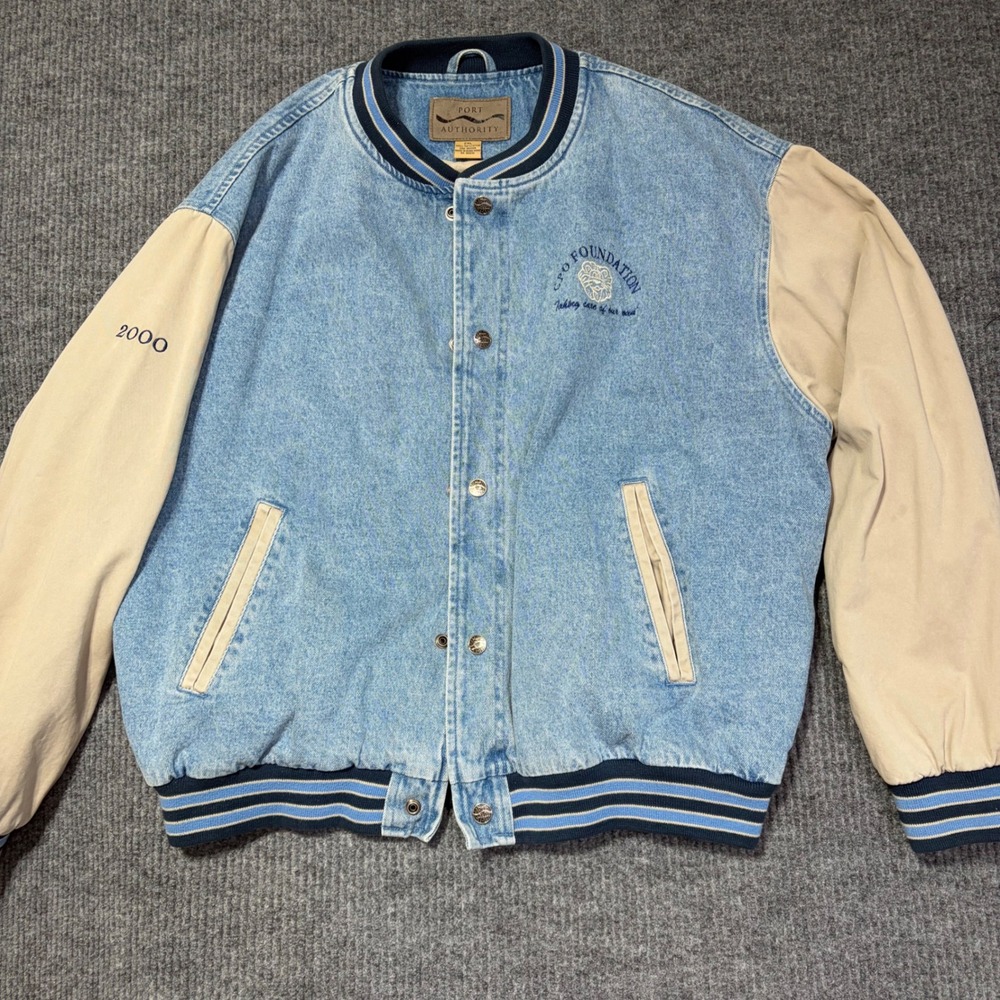Port Authority Mens 2XL Denim Varsity Jacket Blue Tan CPO Foundation 2000 Y2K